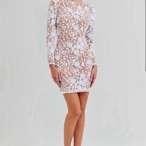 NADINE MERABI White Floral Lace Long Sleeve Dress - Mini